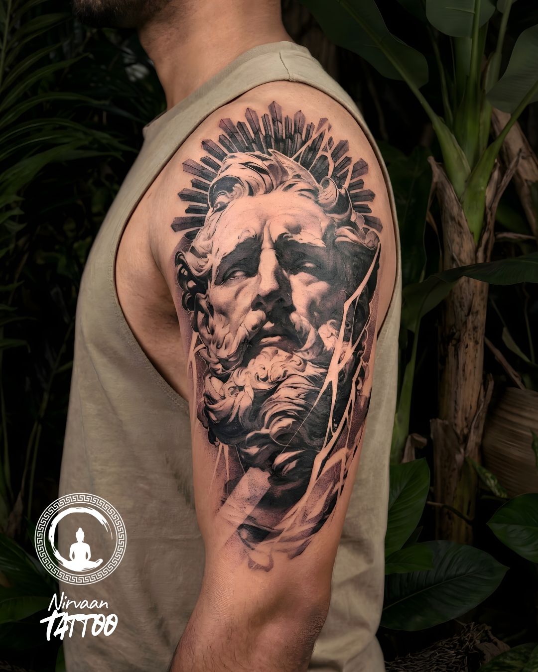 Greek god sculpture tattoo